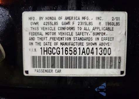 2001 Honda Accord Ex z USA, uszkodzony, nr VIN 1HGCG16581A041300